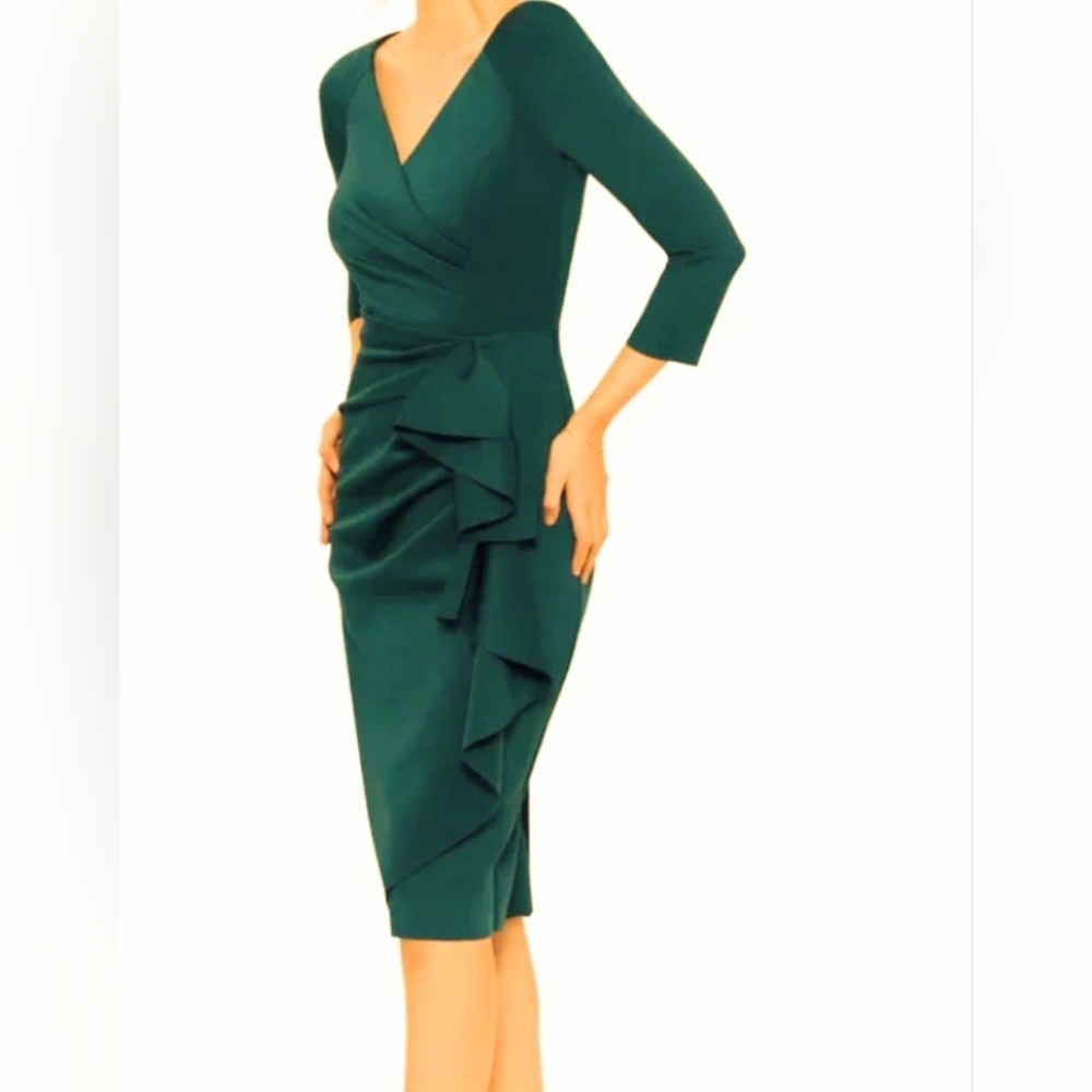 XScape Allie V-Neckline 3/4 Sleeves Back Zipper Side Ruffle Sheath Midi Dress